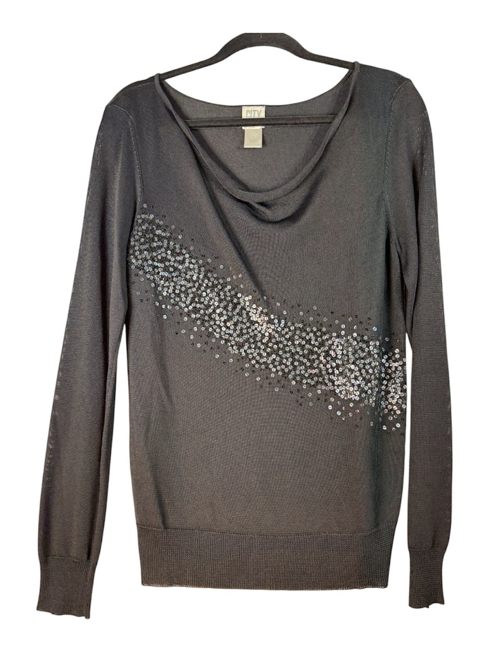 DKNY Black Cowlneck Sweater with Diagonal Sequin Detail